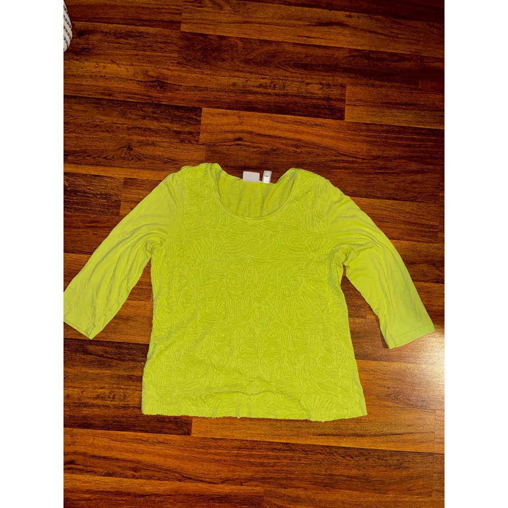 Chicos Lime Green Textured Ribbon Swirl 3/4 Sleeve Scoop Neck Top Size 1 M